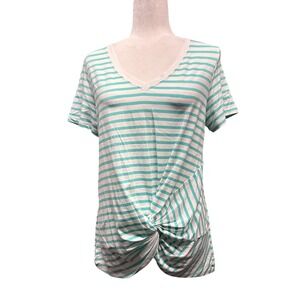 Tribal Jade Green White Striped Front Twist V-Neck Knit Top Women's M NWT